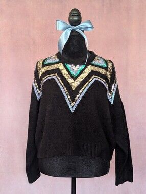 Topshop Sequin Sweater Size Black Geometric Sparkle Knit